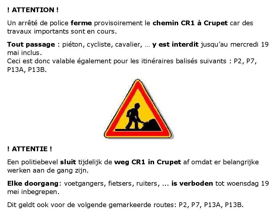 CR1 Crupet fermé jusqu'au 19 05 2021